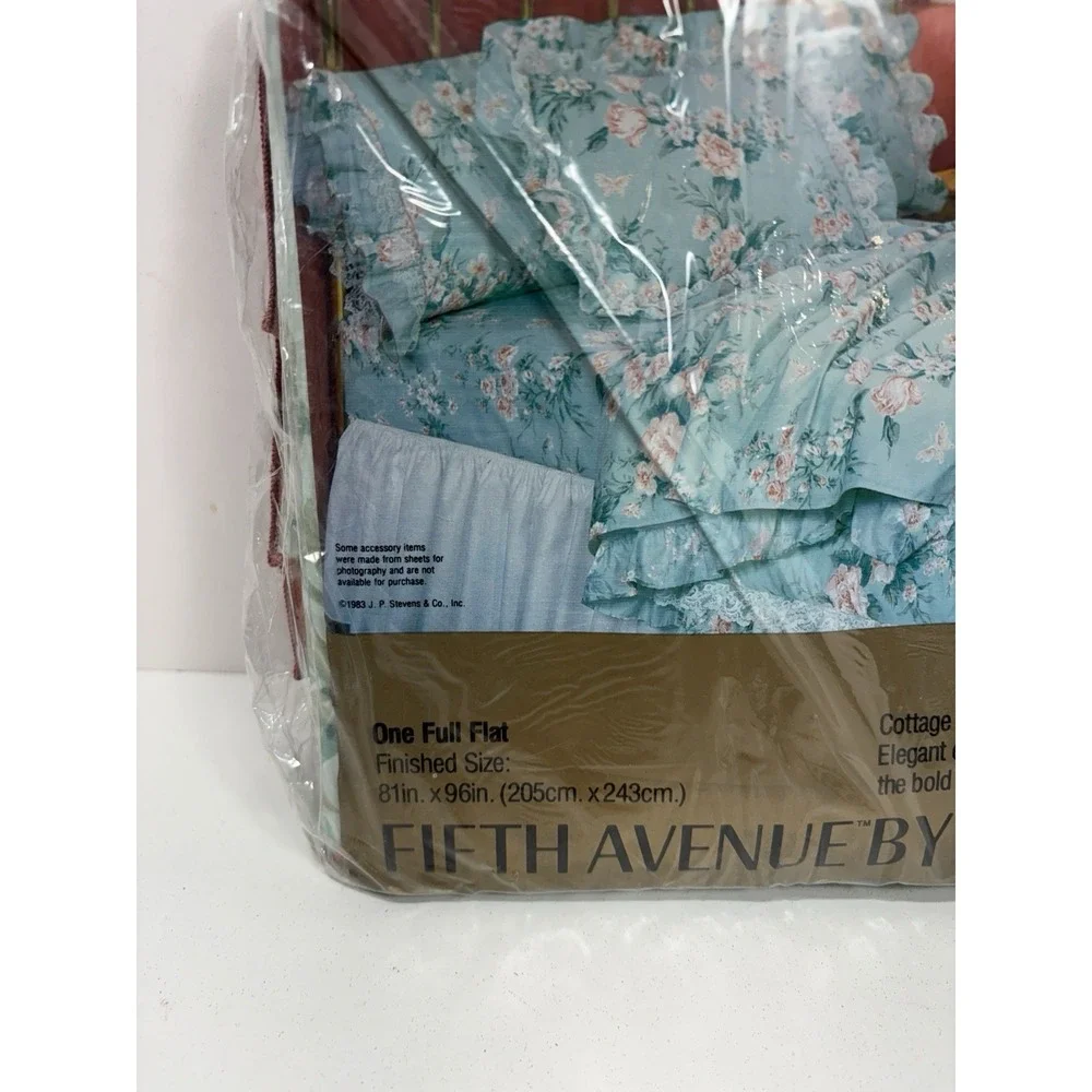 Fifth Avenue By Stevens Cottage Flowers Floral Blue  Full Flat Sheet Ruffle Lace